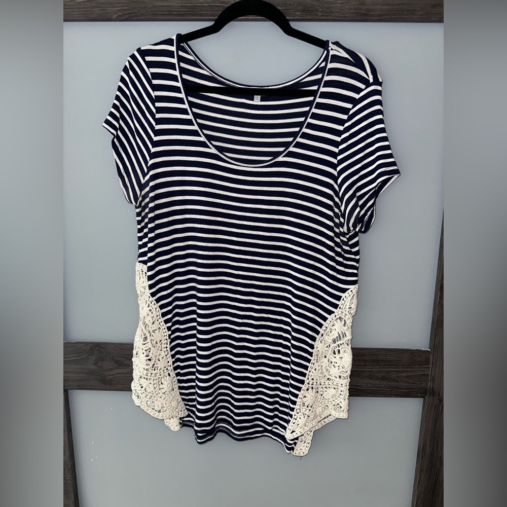 Charlotte Russe Navy & White Striped Scoop Neck Top with Cream Crochet